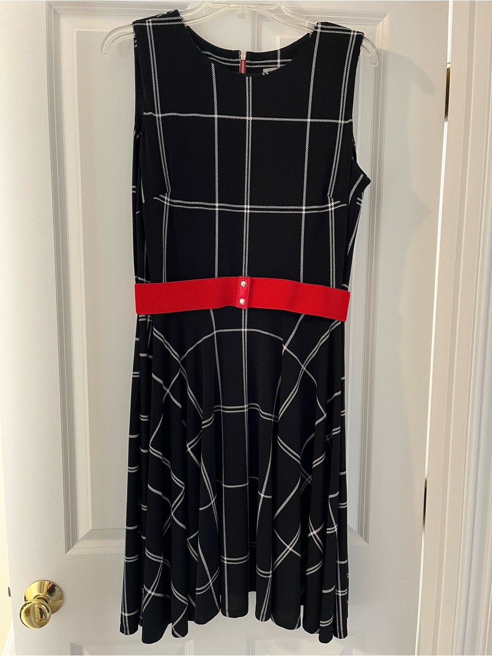 Black and White Windowpane Fit-and-Flare Dress with Red Belt